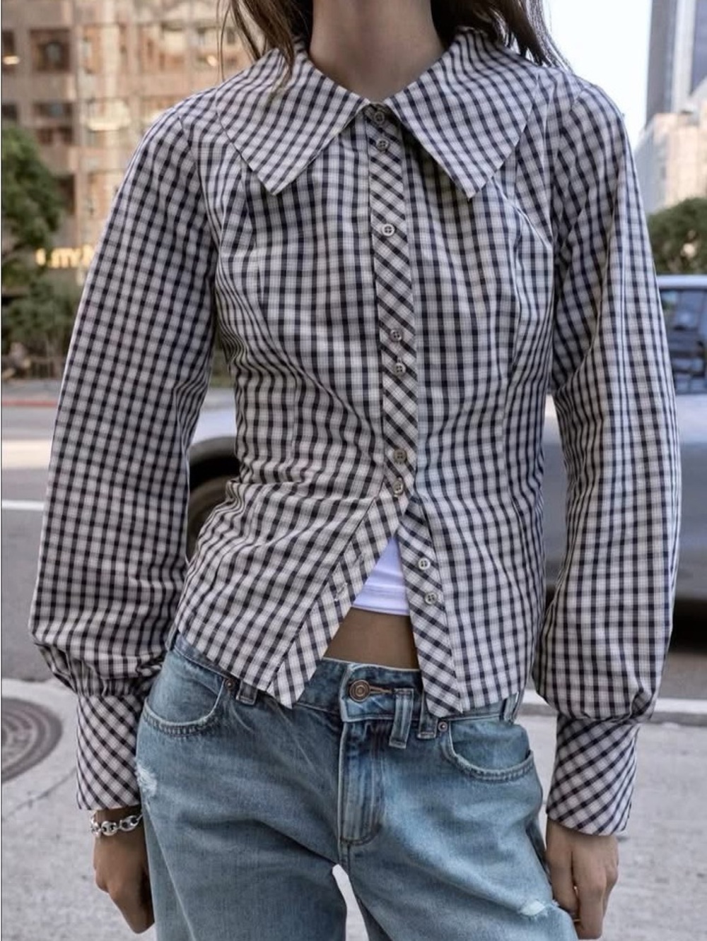 Zara Checkered Gingham Button Up Collared Top